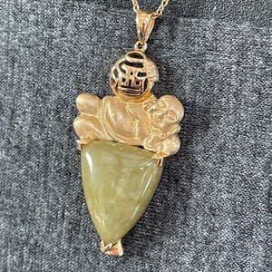 Vintage Solid 14K Yellow Gold Jade Happy Buddha Pendant Charm for Necklace
